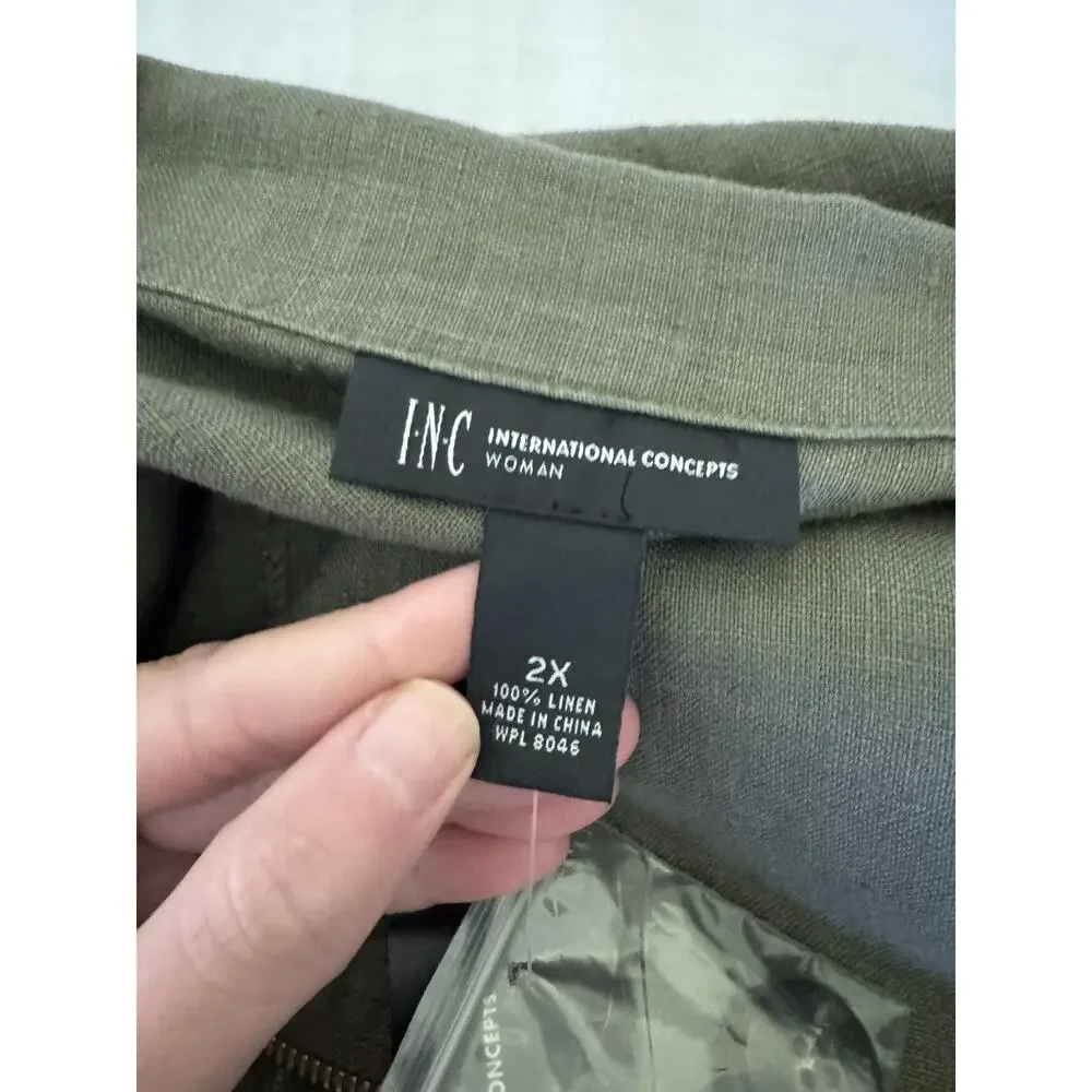 INC Utility Jacket Women's 2XL Olive Green Linen Lightweight Cargo Military Chic - Picture 3 of 14